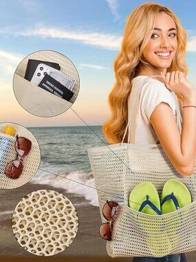 NEW Mesh Beach Bag, Tote Bag Large Foldable Mesh Swimming Bag with Pockets Water